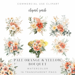 May include: A set of 16 watercolor clipart images of pale orange and yellow bouquets. The bouquets are made up of various flowers, including roses, anemones, and greenery. The images are perfect for adding a touch of floral beauty to your designs.