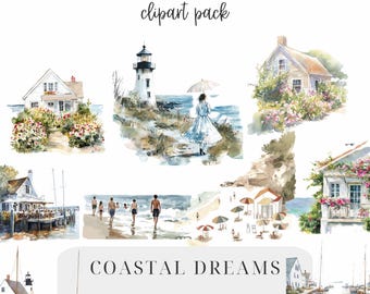 Coastal Dreams Clipart, Seaside Cottage, Seashore, Lighthouse, Beach, Quaint Cottage, Boats, Quiet Harbor, Beachgoers, Seaside Dining, Relax