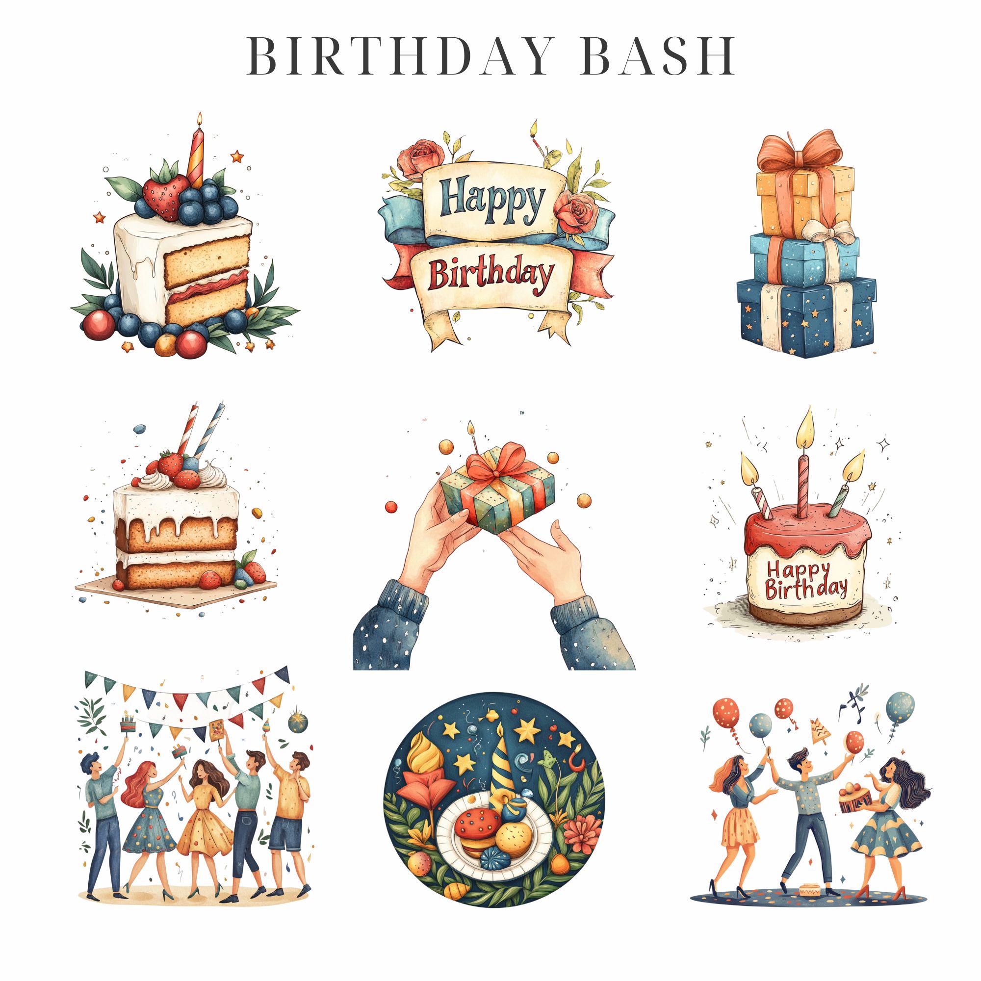 Birthday Bash Clipart: Party Hats, Cake, Cocktails (PNG) - Etsy