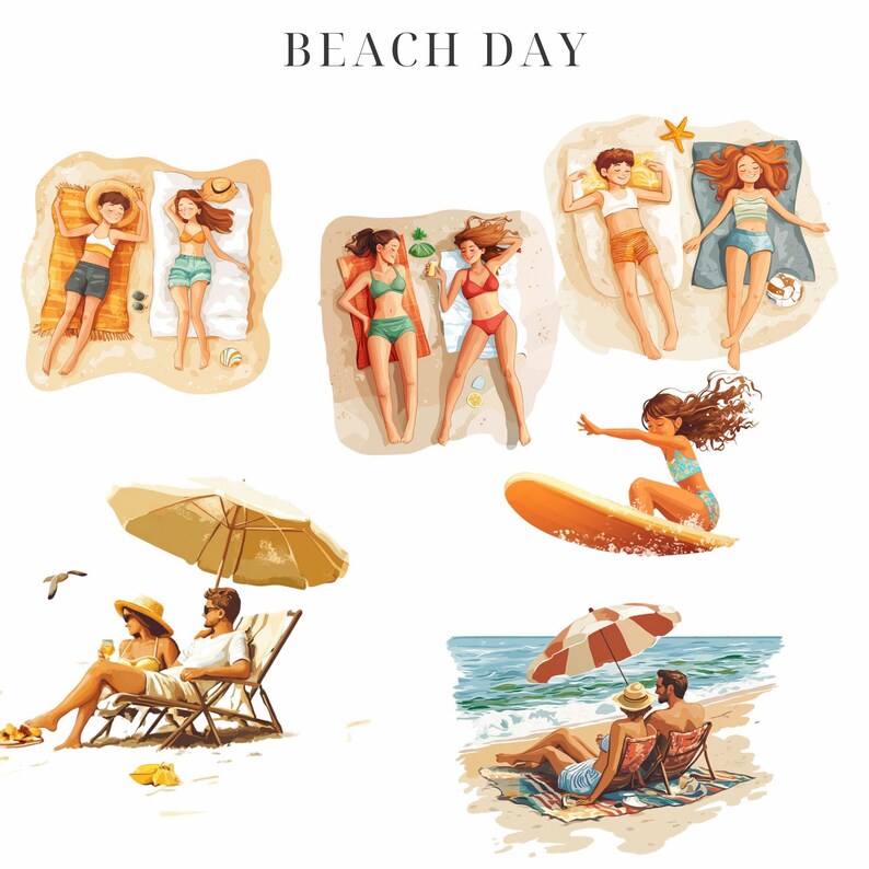 Beach Day Clipart: Sandcastle, Surfing, Sunbathing (PNG) - Etsy