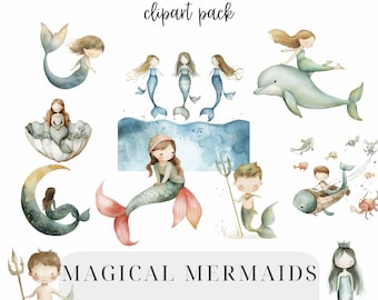 Mermaid Nursery Clipart: Watercolor Ocean Animals (37 PNGs)