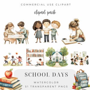 Puede incluir: Paquete de imágenes prediseñadas de acuarela con el texto "COMMERCIAL USE CLIPART" y "clipart pack". La imagen presenta ilustraciones de niños en la escuela, leyendo, dibujando y jugando. También se ven las palabras "SCHOOL DAYS" y "WATERCOLOR".
