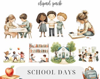 May include: A watercolour clipart pack with the text "COMMERCIAL USE CLIPART" and "clipart pack". The image shows illustrations of children at school, including reading, drawing, and playing. The words "SCHOOL DAYS" and "WATERCOLOR" are also visible.