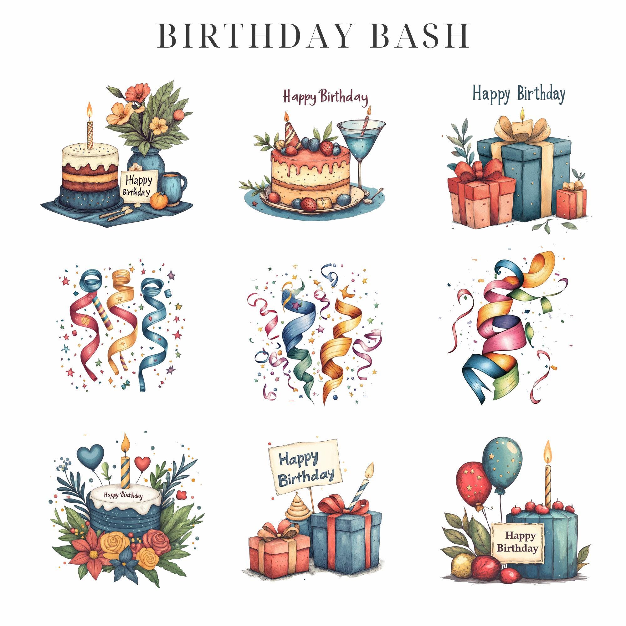 Birthday Bash Clipart: Party Hats, Cake, Cocktails (PNG) - Etsy