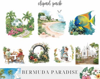 Bermuda Paradise Clipart, Bermuda Clipart, Beach, Moongate, Coral Reefs, Pink Sands, Pastel Cottages, Tourist Charm, Caverns, Scuba, Golf