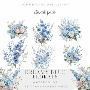 Flores azules de ensueño, imágenes prediseñadas florales, delfinios, ramo encantador, hortensias, imágenes prediseñadas de boda, flores de acuarela, azul polvoriento, rosas rosadas