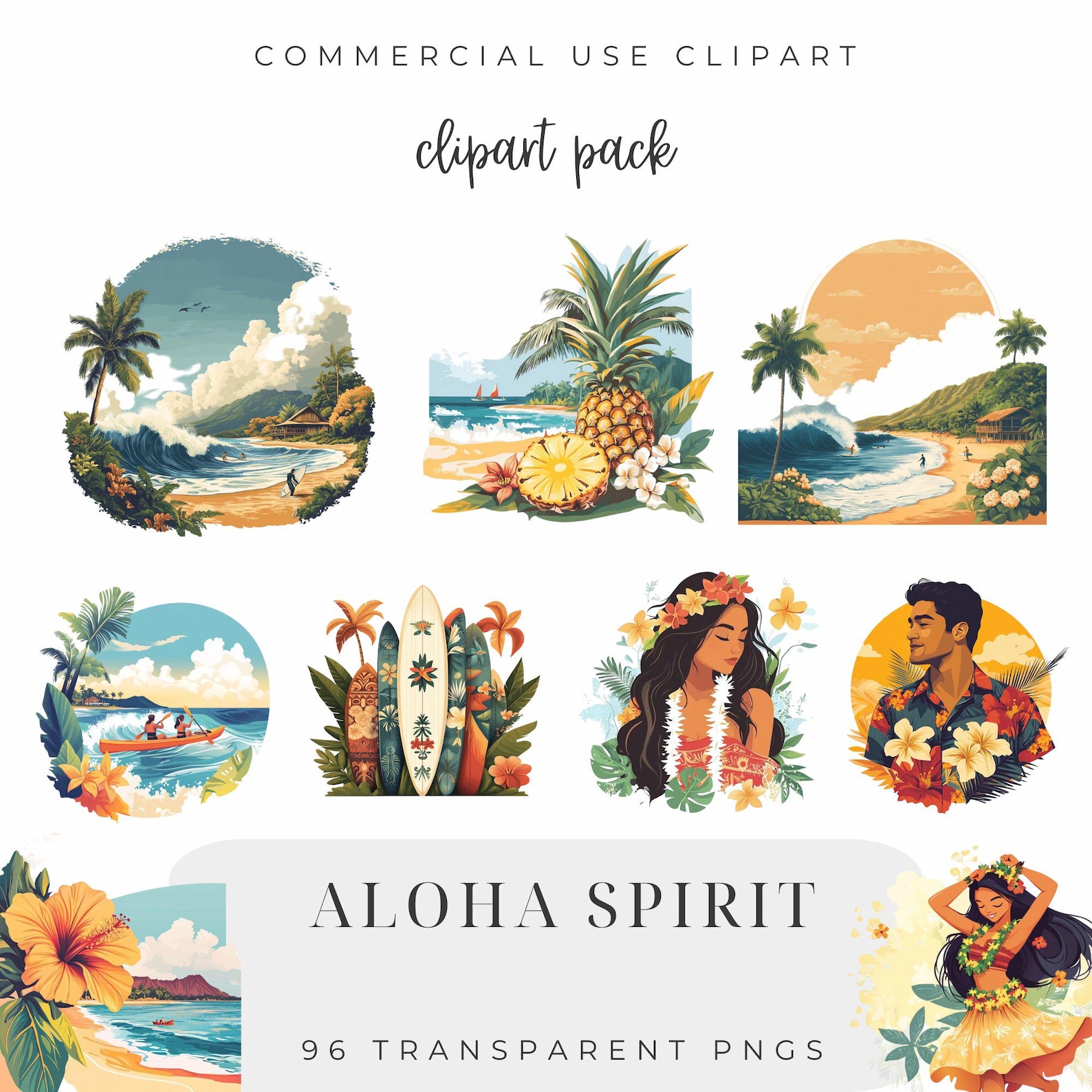 Oahu Graphics Aloha Spirit Clipart, Hawaii Clipart, Oahu, Surfers, Beach, Luau ...