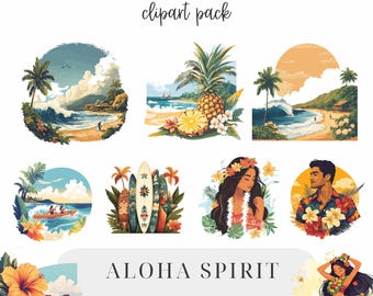 Aloha Spirit Clipart, Hawaii Clipart, Oahu, Surfers, Beach, Luau, Waterfalls, Tropical, Flowers, Snorkeling, Coral Reef, Waikiki, Hula, Sail