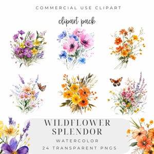 Ramo de flores silvestres, clipart floral, clipart de boda, flores de acuarela, mariposas, ramo colorido, clipart de flores, hermosas flores silvestres