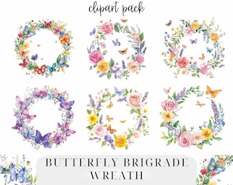 Watercolor Butterfly Wreath Clipart: Spring Wedding Invitation Graphics (Digital Download)
