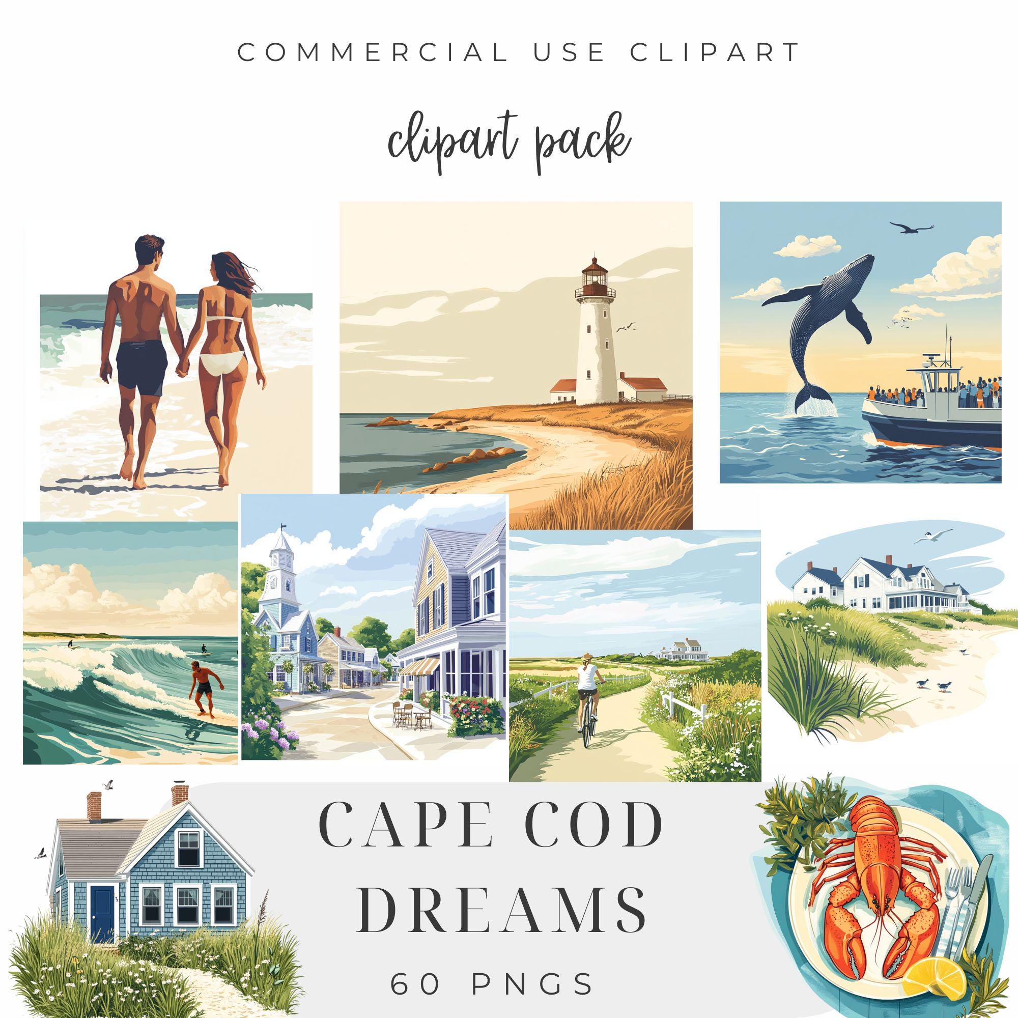 Cape Cod Dreams Clipart, Beach Clipart, Ice Cream, Summer, Seashore, Lighthouse, Seaside Cottage, Sailing, Kayaking, Fishing, Seafood, Golf
