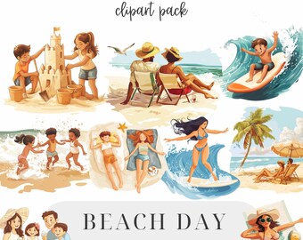 Stranddag Clipart: Sandslott, Surfing, Solbad (PNG)