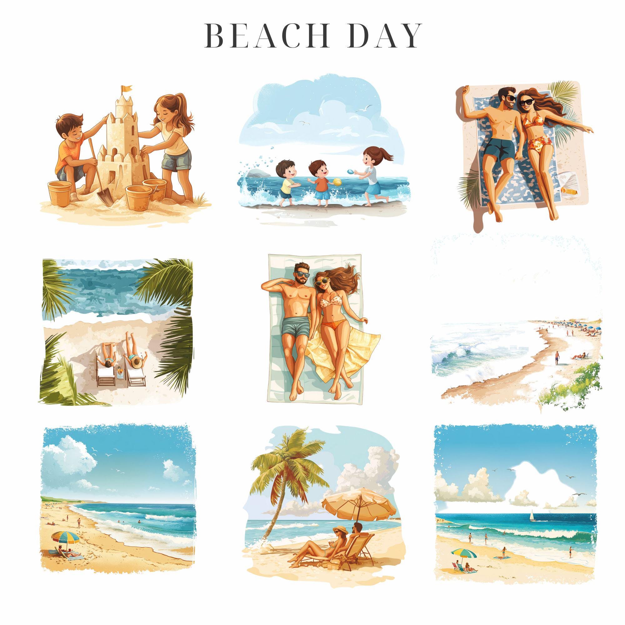 Beach Day Clipart: Sandcastle, Surfing, Sunbathing (PNG) - Etsy