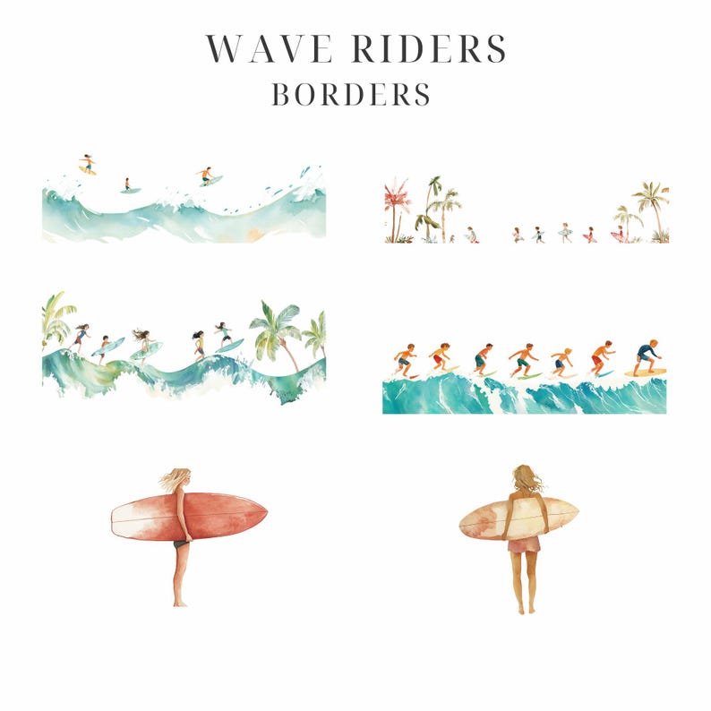 Wave Rider Text Designs Surfing Kids Clipart: Watercolor Wave Riders, Nursery Art (PNG) - Etsy