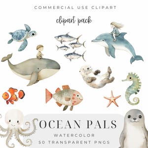 Meerestiere Clipart – Süße Clipart – Meerestiere – Clipart für Kinder – Kinderzimmer Drucke – Delfine – Meerleben – Aquarell – Schildkröten – Wale