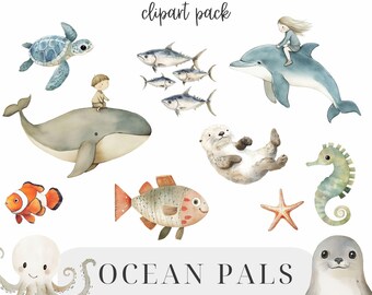 Watercolor Ocean Animals Clipart: Sea Life Illustrations (Digital Download)