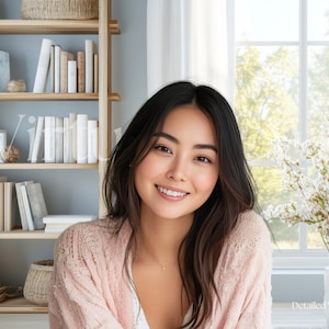 Puede incluir: Una mujer con cabello oscuro sonríe, usando una rebeca rosa claro. Una estantería llena de libros está en el fondo, junto con una ventana con cortinas blancas y un jarrón con flores blancas. Las palabras "Detailed Version" están en la esquina inferior derecha.
