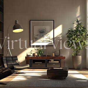 May include: A modern living room featuring a black leather armchair, a wooden coffee table, a potted plant, and a framed abstract painting on the wall. The room has large windows with natural light streaming in.