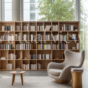 May include: A large wooden bookcase filled with books, a light grey armchair with a curved back, and a small wooden table with a round top. The bookcase is against a wall with large windows that show a view of trees and buildings.
