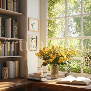 May include: A wooden desk with a bookshelf, a window with a view of green trees, a vase of yellow flowers, a stack of books, and an open book on the desk.