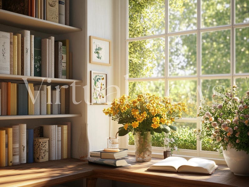 Cute cottage study area, bookshelf with earthy toned books, wooden desk with yellow flowers in a pretty glass vase next to an open book and some pink flowers in white stone vase. Big window letting in natural sunlight.