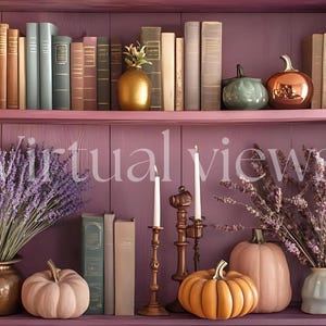May include: A bookshelf with a purple finish, decorated with fall-themed items. The shelves are filled with books, candles, and pumpkins. There are also two vases with lavender flowers on the bottom shelf.