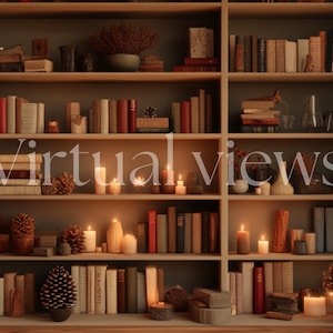 May include: A wooden bookcase filled with books and decorative items. The shelves are decorated with candles, pinecones, and other autumnal decor. The bookcase is a great way to add a touch of warmth and personality to any room.