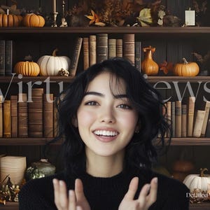 May include: A woman with dark curly hair smiles at the camera. She is standing in front of a bookshelf filled with books and fall decorations. The text "Virtual News" is superimposed on the image.