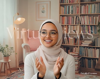 Arrière-plan zoom de la salle de lecture d'un cottage : décoration pastel de bureau à domicile (téléchargement numérique)