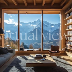 Op de afbeelding: Een woonkamer met een groot raam met uitzicht op een bergketen. De kamer heeft een bank, een salontafel, een stoel en een boekenkast vol boeken. De kamer is ingericht in een moderne stijl met houten balken en een lichte houten vloer.