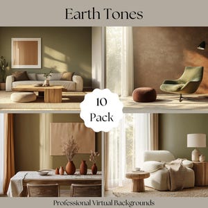 Puede incluir: Un conjunto de 10 fondos virtuales con tonos cálidos y terrosos. Los fondos representan diferentes escenas de sala de estar con muebles, plantas y luz natural. El texto "Earth Tones 10 Pack Professional Virtual Backgrounds" se muestra en la parte inferior de la imagen.