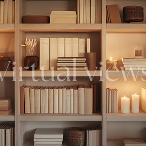 May include: A bookshelf filled with books, some with white covers and some with brown covers. There are candles on the shelves, and a few decorative items, including a basket and a vase with dried flowers.