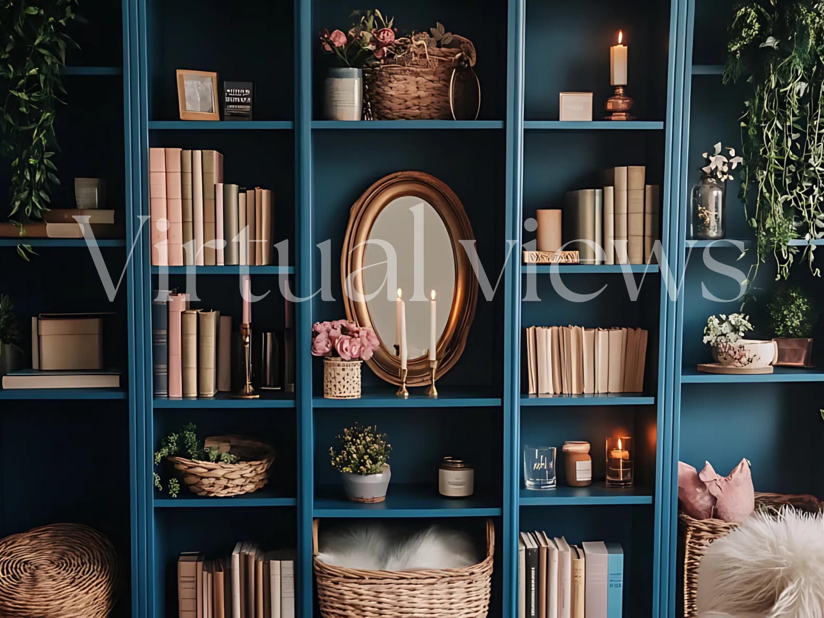 Blue Cozy Bookcase Background | Virtual Zoom Backdrop | Feminine Bookshelf Background | Digital Download for Video Calls & Streaming