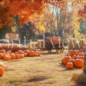 May include: A wooden wagon filled with orange pumpkins sits in a field with hay bales and autumn foliage. A sign reads "Love Your Orchard".