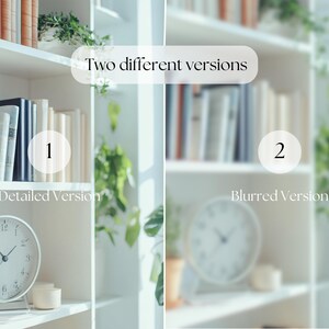 Bright white bookshelf styled with neutral-toned books, lush green houseplants, and a minimalist round clock. Positioned by a sunlit window, this serene setup is perfect for enhancing any living space with a touch of nature and modern elegance.