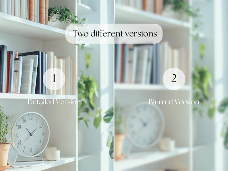 Bright white bookshelf styled with neutral-toned books, lush green houseplants, and a minimalist round clock. Positioned by a sunlit window, this serene setup is perfect for enhancing any living space with a touch of nature and modern elegance.