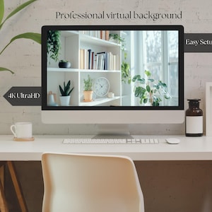 Modern bookcase backdrop for Zoom, Teams, and Google Meet. Perfect for virtual meetings, work-from-home setups, and video calls. Ideal for a professional look in your virtual office, streaming, and video chats.