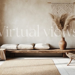 May include: A light brown wooden bench with three white cushions and a woven basket on the floor. A vase with dried pampas grass sits on the bench, and a macrame wall hanging is behind it. The room has a light brown wall and a natural fiber rug on the floor.