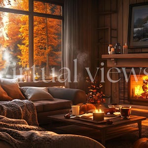 Può includere: Accogliente scena di soggiorno con camino acceso, zucche e candele. Un divano marrone con cuscini arancioni e una coperta è di fronte a una grande finestra con fogliame autunnale. Il testo "Virtual views" è visibile.