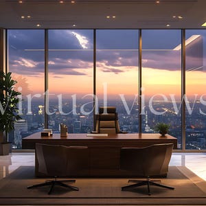 May include: A modern office with a large desk and two chairs, overlooking a city skyline at sunset. The desk is made of dark wood and has a glass top. The chairs are upholstered in brown leather. The view from the window is breathtaking, with the city lights twinkling in the distance.