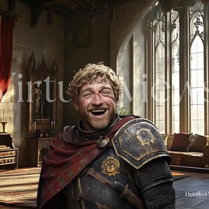 May include: A man with blond hair and a beard is wearing a red and black costume with gold accents. He is smiling and looking at the camera. He is standing in a room with a large window and a wooden table in the background. The text "Detailed Version" is visible in the lower right corner of the image.