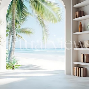 May include: A white room with a large arched window overlooking a tropical beach scene. The window is framed by white trim and the beach scene features palm trees, blue water, and white sand. A white bookshelf with multiple shelves is on the right side of the image. The shelves are filled with books and decorative items.
