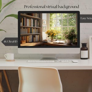 May include: A computer monitor displaying a virtual background of a bookshelf and a window with sunlight streaming in. The text "Professional virtual background" and "Easy Setup" are displayed on the screen. The monitor is on a white desk with a white mug, a keyboard, and a small toy aeroplane.