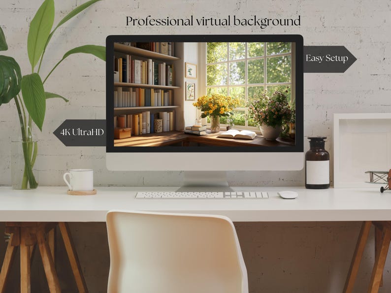 May include: A computer monitor displaying a virtual background of a bookshelf and a window with sunlight streaming in. The text "Professional virtual background" and "Easy Setup" are displayed on the screen. The monitor is on a white desk with a white mug, a keyboard, and a small toy aeroplane.