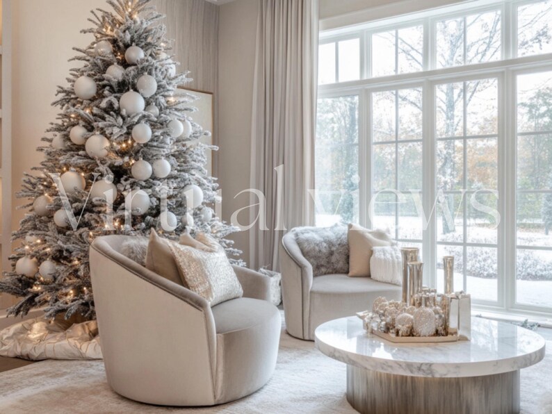 Luxury White Christmas Virtual Background: Snowy Winter Living Room ...