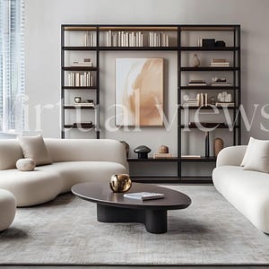 May include: A modern living room with a white sectional sofa, a black coffee table, and a black metal bookshelf with books and artwork. The room has a large window with a view of a city skyline.