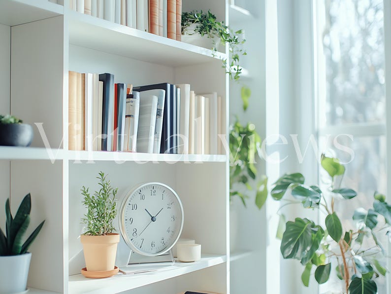 Bright white bookshelf styled with neutral-toned books, lush green houseplants, and a minimalist round clock. Positioned by a sunlit window, this serene setup is perfect for enhancing any living space with a touch of nature and modern elegance.