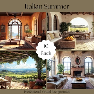 May include: A set of 10 professional virtual backgrounds featuring Italian summer scenes. The backgrounds include images of a villa with a view of the ocean, a patio with a view of vineyards, and a living room with a fireplace.