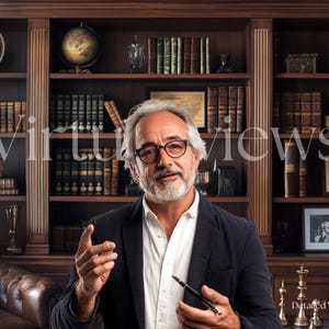 May include: A man with a beard and glasses is standing in front of a bookshelf. He is wearing a black suit jacket and a white shirt. He is holding a pen in his right hand and is gesturing with his left hand. The bookshelf is filled with books and globes.
