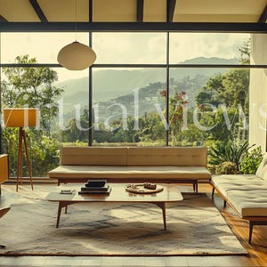 May include: A living room with a large window overlooking a mountain view. The room is furnished with a white sofa, a coffee table, a floor lamp, and a chair. The walls are painted a light color and the floor is covered in a rug.